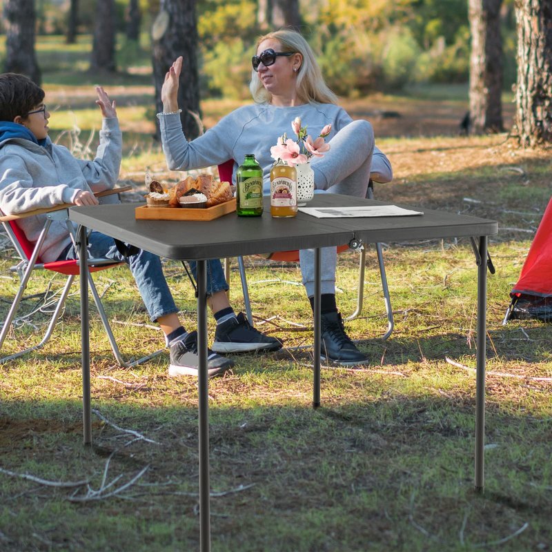 Goplus 34" Square Folding Card Table, Portable Plastic Utility Folding Tables with Collapsible Legs & Carrying Handle, Indoor Outdoor for Picnic, Party, Dining, Camping, BBQ, Grey