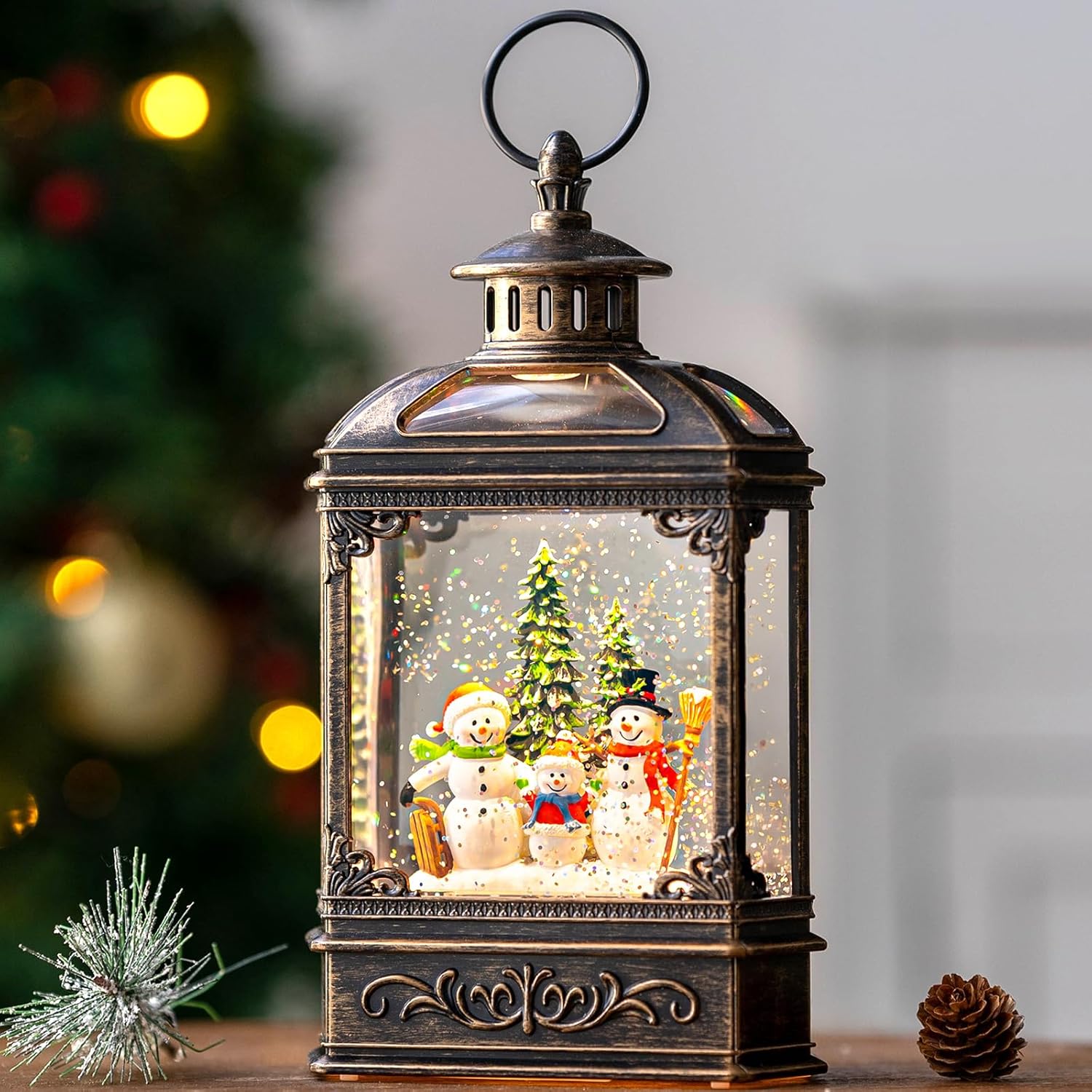 VISFLAIR Christmas Snow Globe - Lighted Snowman Family with Swirling Glitter | Musical Holiday Decoration