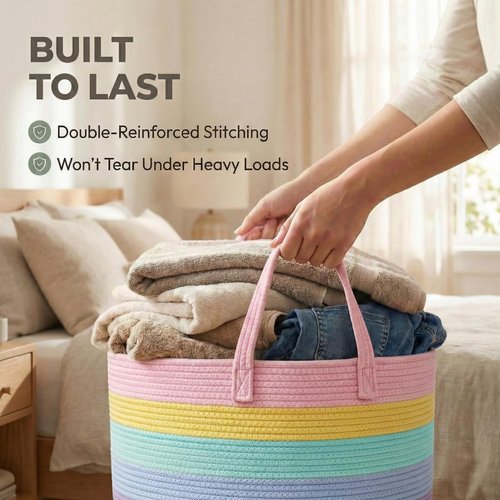 JMvicyroam 65L Extra Large Blanket Basket - Woven Cotton Rope Laundry Hamper with Handles | Machine Washable Rainbow Storage Bin for Pillows & Toys
