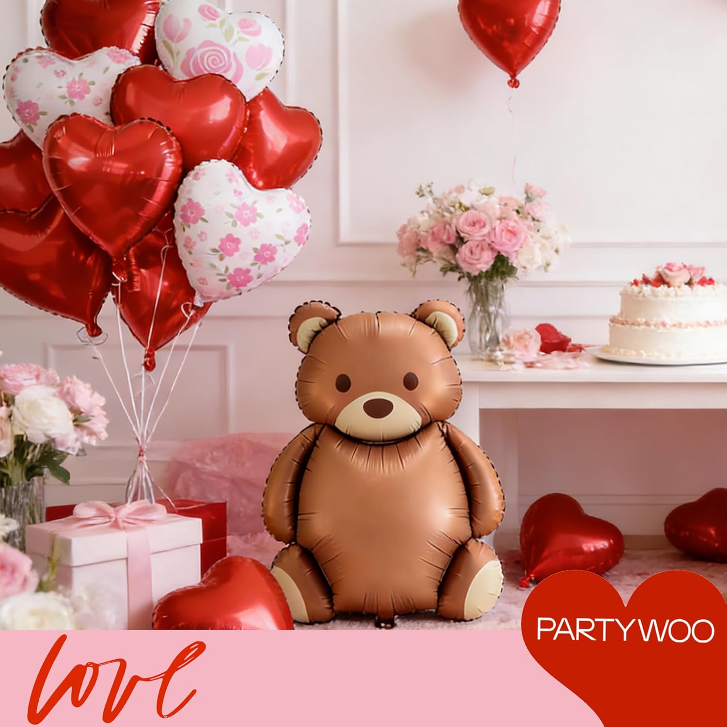 PartyWoo Valentine's Balloons - 15pcs Foil Bear & Red Heart Balloons | 24 & 18 Inch for Romantic Celebrations