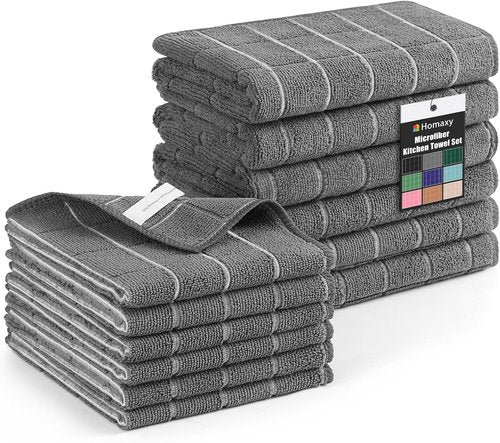 Homaxy Microfiber Kitchen Towels Set - 12 Pack Soft & Absorbent Quick-Drying Dishcloths | Grey, 28 x 16 Inch & 12 x 12 Inch