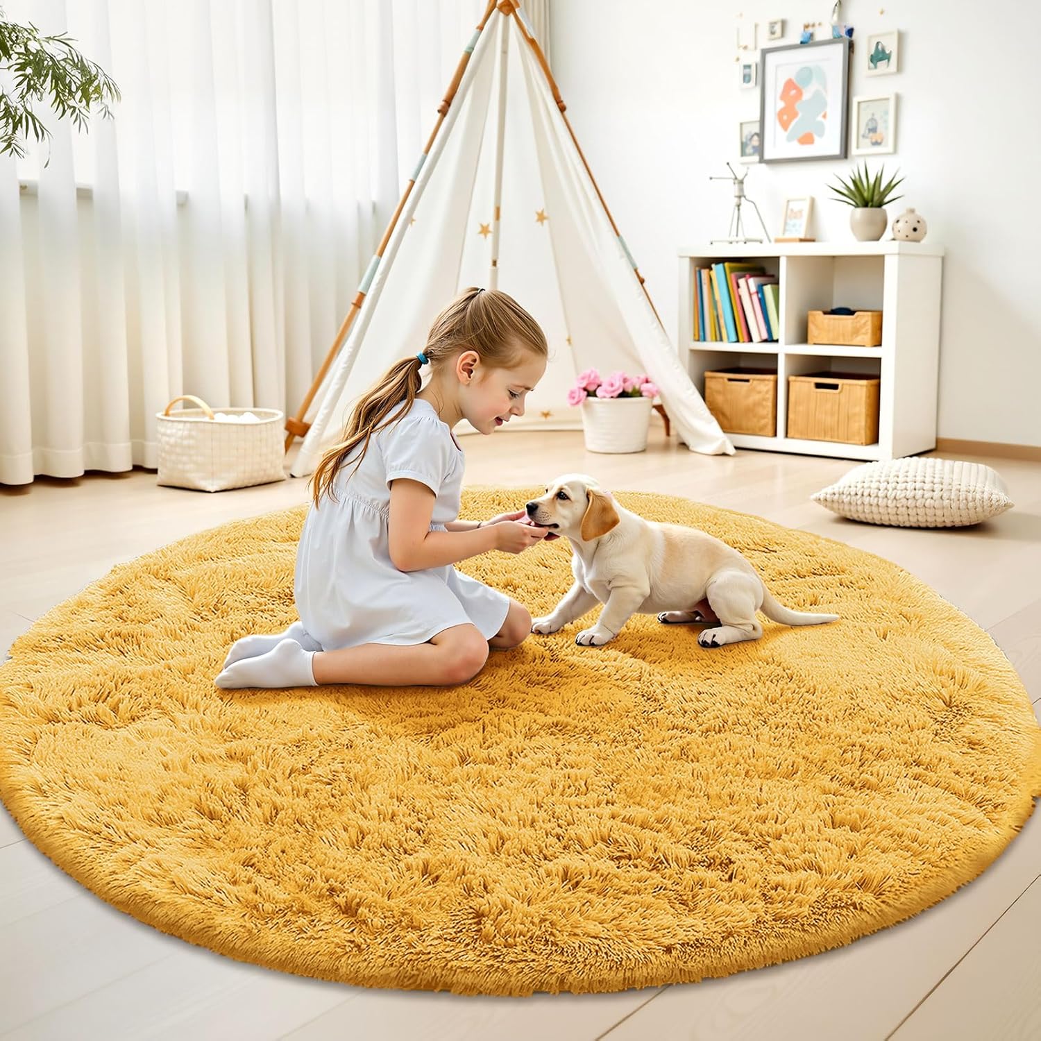 OLANLY Mustard Yellow Round Rug - Soft, Fluffy Shaggy Carpet | 7 ft Machine Washable Area Rug for Bedroom & Living Room Decor