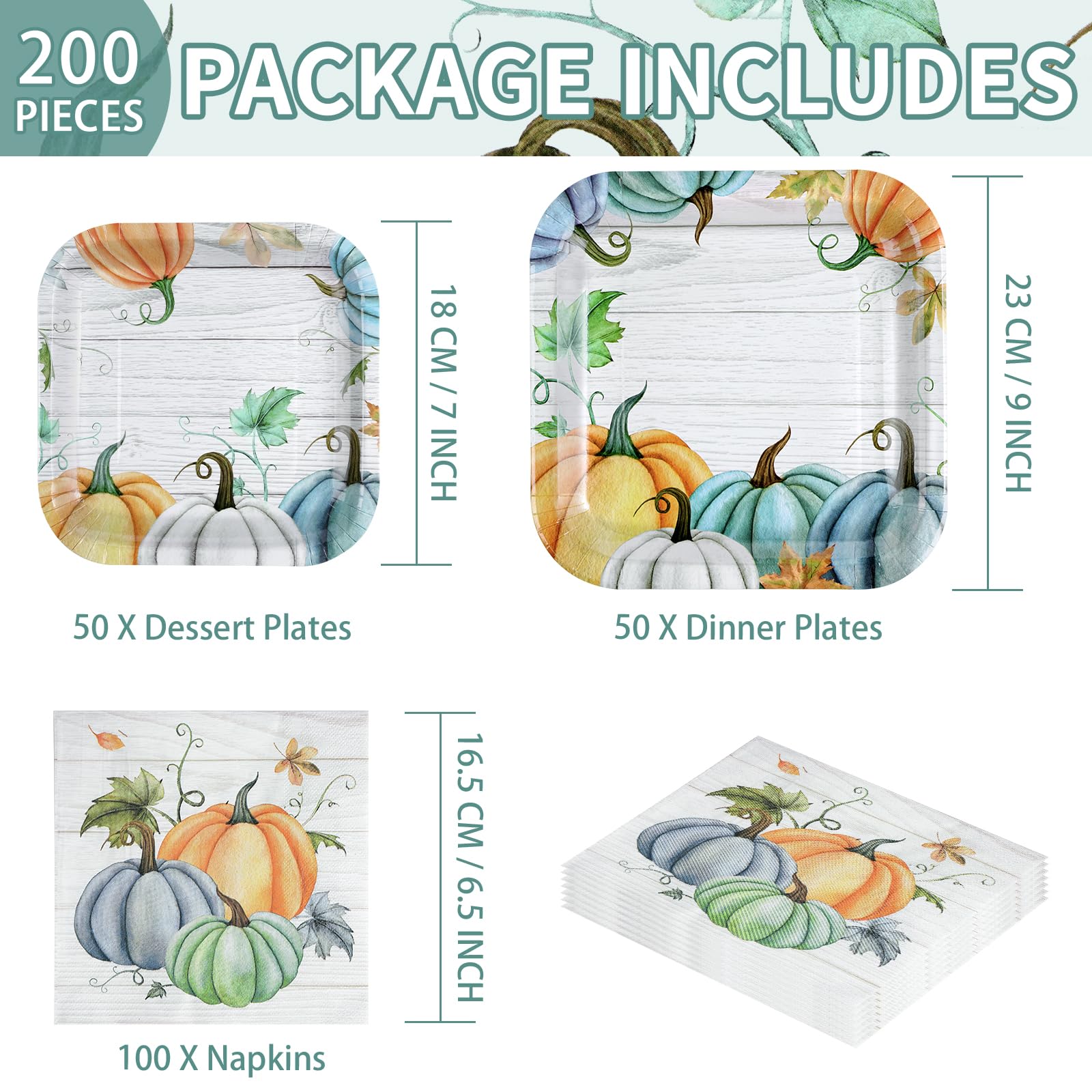 Grencian 200Pcs Fall Plates and Napkins Square Blue Pumpkins Plate Thanksgiving Paper Plates Pumpkin Wood Grain Dinnerware for Baby Shower Fall Harvest Family Thanksgiving Party Decorations, Serves 50