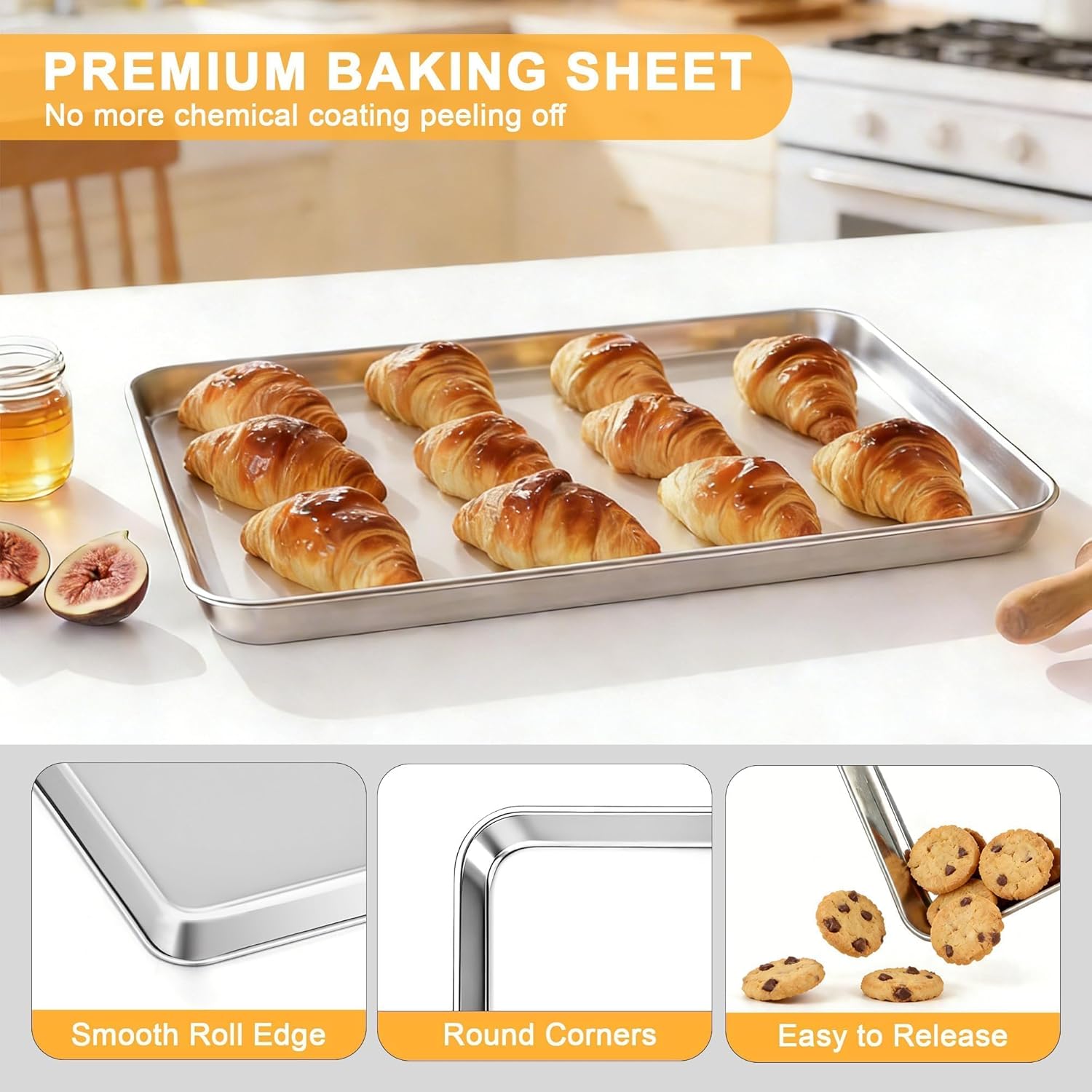 Onader Large Baking Sheet | 18 x 13 Inch Stainless Steel Cookie Pan Set - Dishwasher Safe, 2-Pack