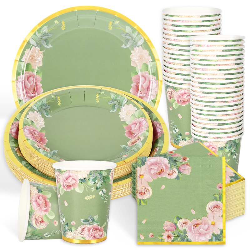 Whaline 120 Pcs Sage Green Flower Tea Party Decorations for 24 Guests 24 9" Dinner Plates 24 7" Dessert Plate 24 9oz Cups 48 Luncheon Napkins for Spring Bridal Shower Wedding Party Supplies