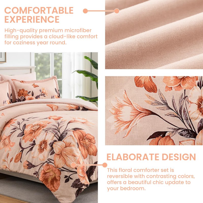 DHSFKBE Floral Comforter Set Queen Size,7 Piece Orange Bed in a Bag, Elegant Flower Pattern Comforter Set with Sheet, Soft Microfiber Complete Bedding Sets for All Season