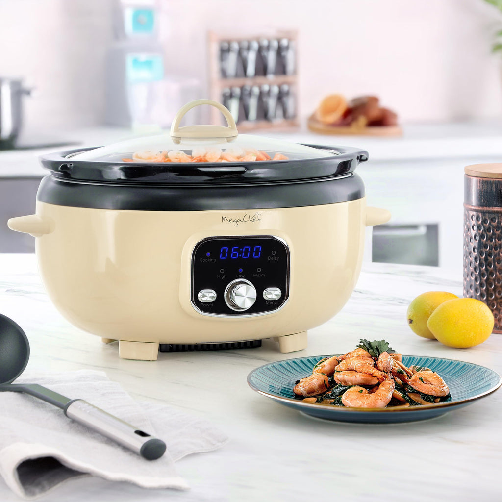 MegaChef 6.9 Quart Oval Electric Slow Cooker, Removable Ceramic Pot, 3 Heat Settings, Kitchen Appliance, Countertop Cooker (Cream)