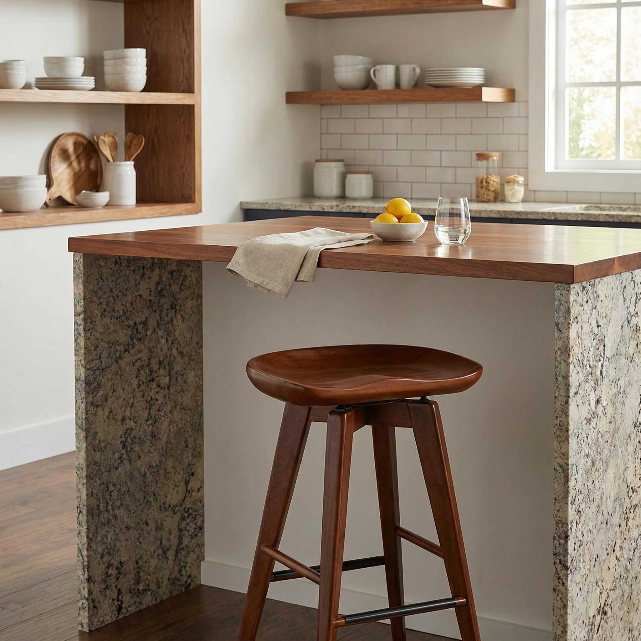 Cortesi Home Tiwi Backless Swivel Barstool in Solid Wood, 29" Walnut