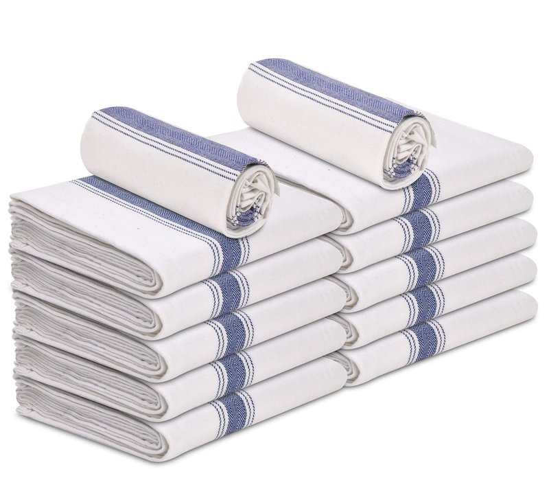 TALVANIA Kitchen Dish Towels 100% Cotton White Flour Sack Tea Cloth with Blue Herringbone Stripe, Pack of 12 Perfect Classic Dish Towel 15” x 25” Dishcloths for Bars Kitchens Counters etc.