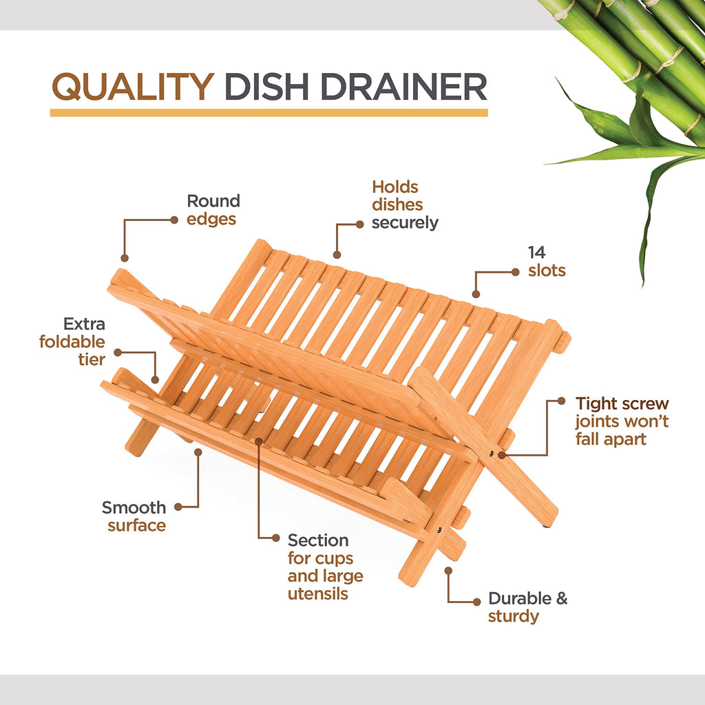 Dish Drying Rack - Collapsible Bamboo 2 Tier Foldable Wooden Dish Drainer for Countertop, Plates Cups Bowls Utensils, Eco Friendly Folding Bamboo Dish Rack for Kitchen Home Apartment RV - by Bambusi