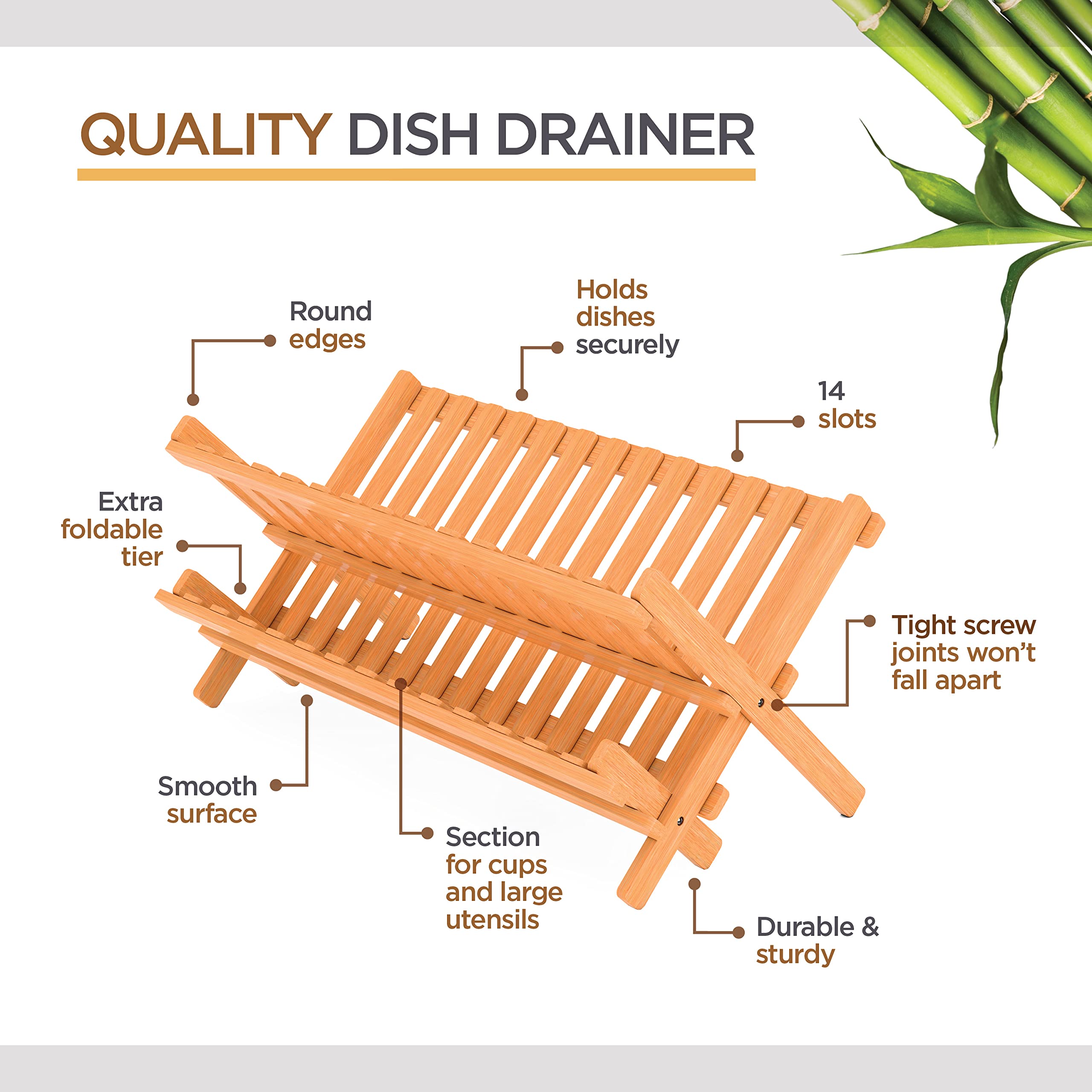 Dish Drying Rack - Collapsible Bamboo 2 Tier Foldable Wooden Dish Drainer for Countertop, Plates Cups Bowls Utensils, Eco Friendly Folding Bamboo Dish Rack for Kitchen Home Apartment RV - by Bambusi