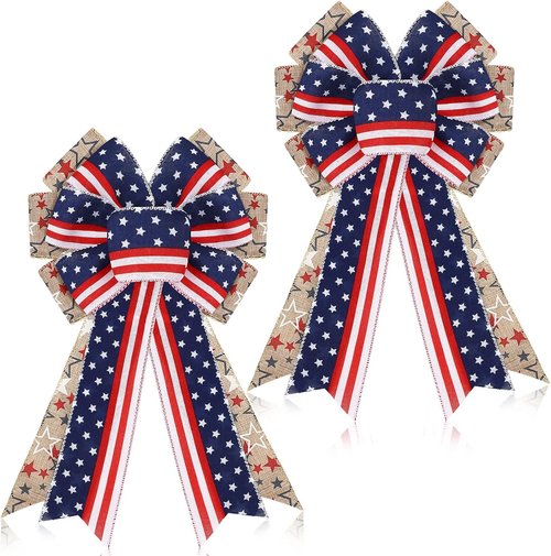 Jutom Patriotic Bow Wreath - Red, White & Blue Star Burlap Design for 4th of July & Veterans Day Decor