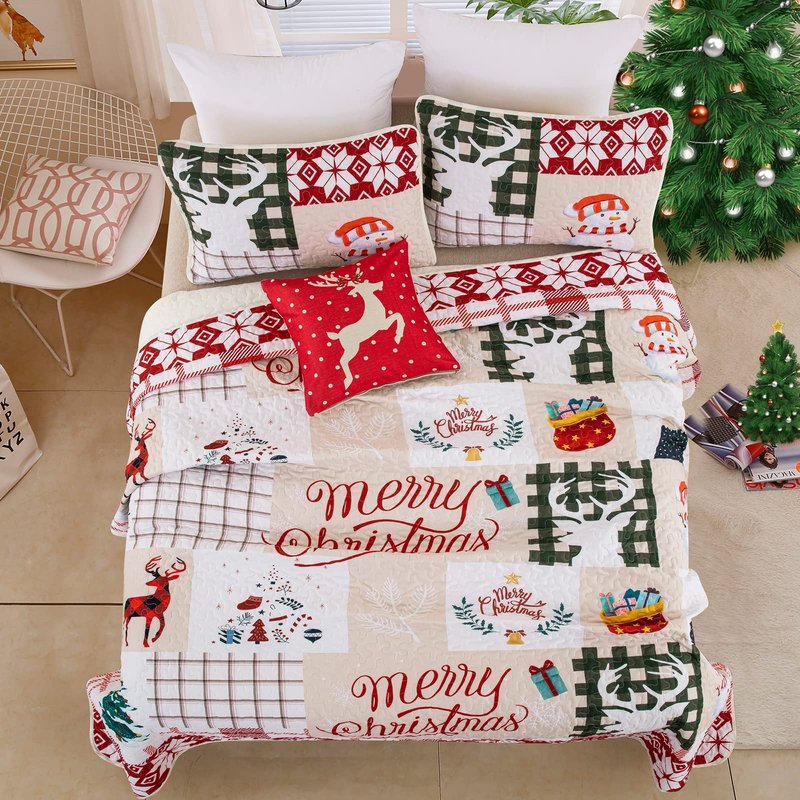 Dobuyly Christmas Quilt Set King, Christmas Tree Snowman Reindeer Pattern Bedding Bedspread Coverlet, Soft Microfiber Lightweight Holiday Christmas Quilt with 2 Pillowcases 90"x 103"