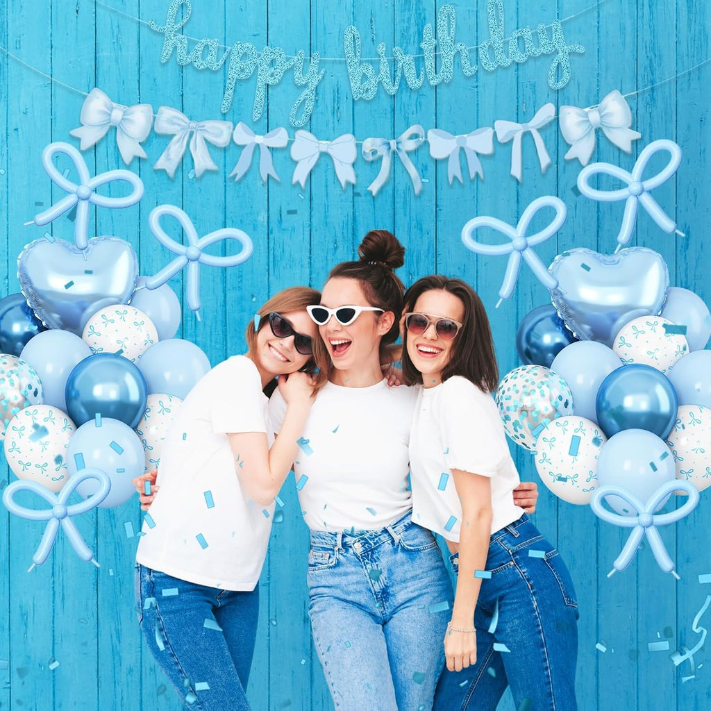 Skiennix Blue Bow Birthday Decorations - Coquette Party Set with Happy Birthday Banner & Heart Foil Balloons