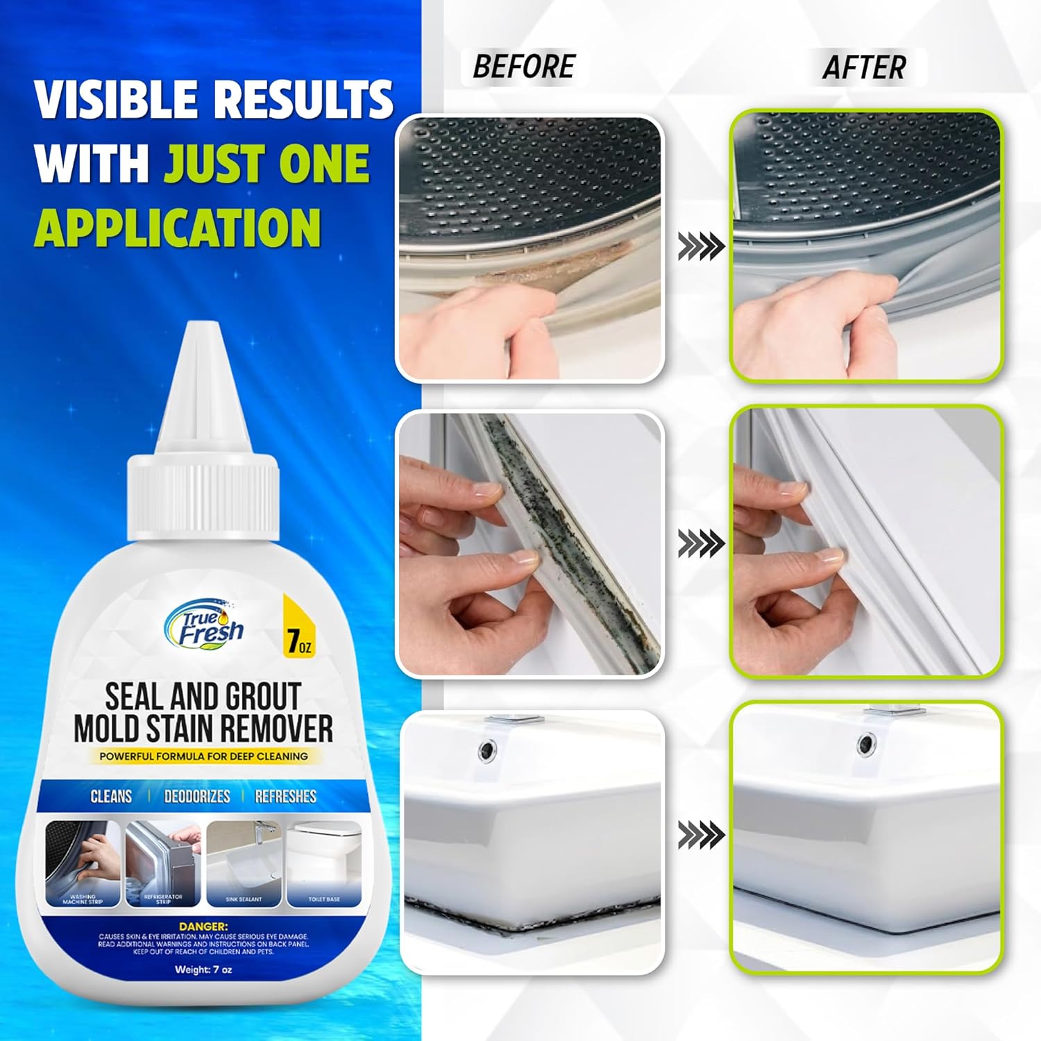 True Fresh Heavy Duty Mold Stain Remover Gel - Powerful Cleaner for Washing Machine Seals & Grout - 7 oz