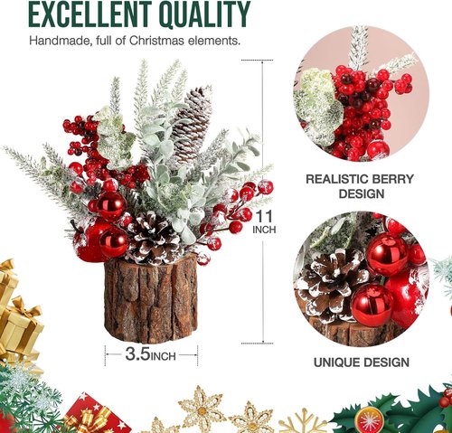 Hatisan Small Christmas Tree - Tabletop Artificial Pine Cone & Berry Ornaments | 2 Pack Red-Round for Holiday Decor