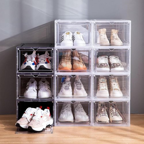 Attelite Shoe Box | Set of 6 Stackable Clear Organizers with Magnetic Door - Fits Up to US Size 12, Black