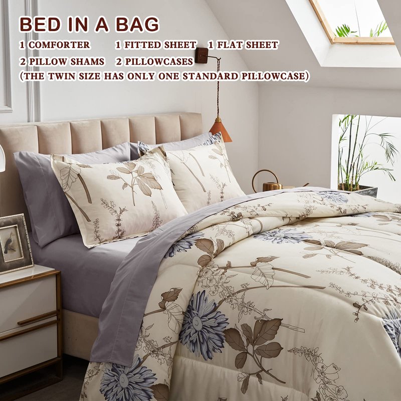 Joyreap 7 Piece Bed in a Bag Queen, Elegant Flower Botanical Smooth Soft Microfiber Floral Comforter Set for All Season (1 Comforter, 2 Pillow Shams, 1 Flat Sheet, 1 Fitted Sheet, 2 Pillowcases)