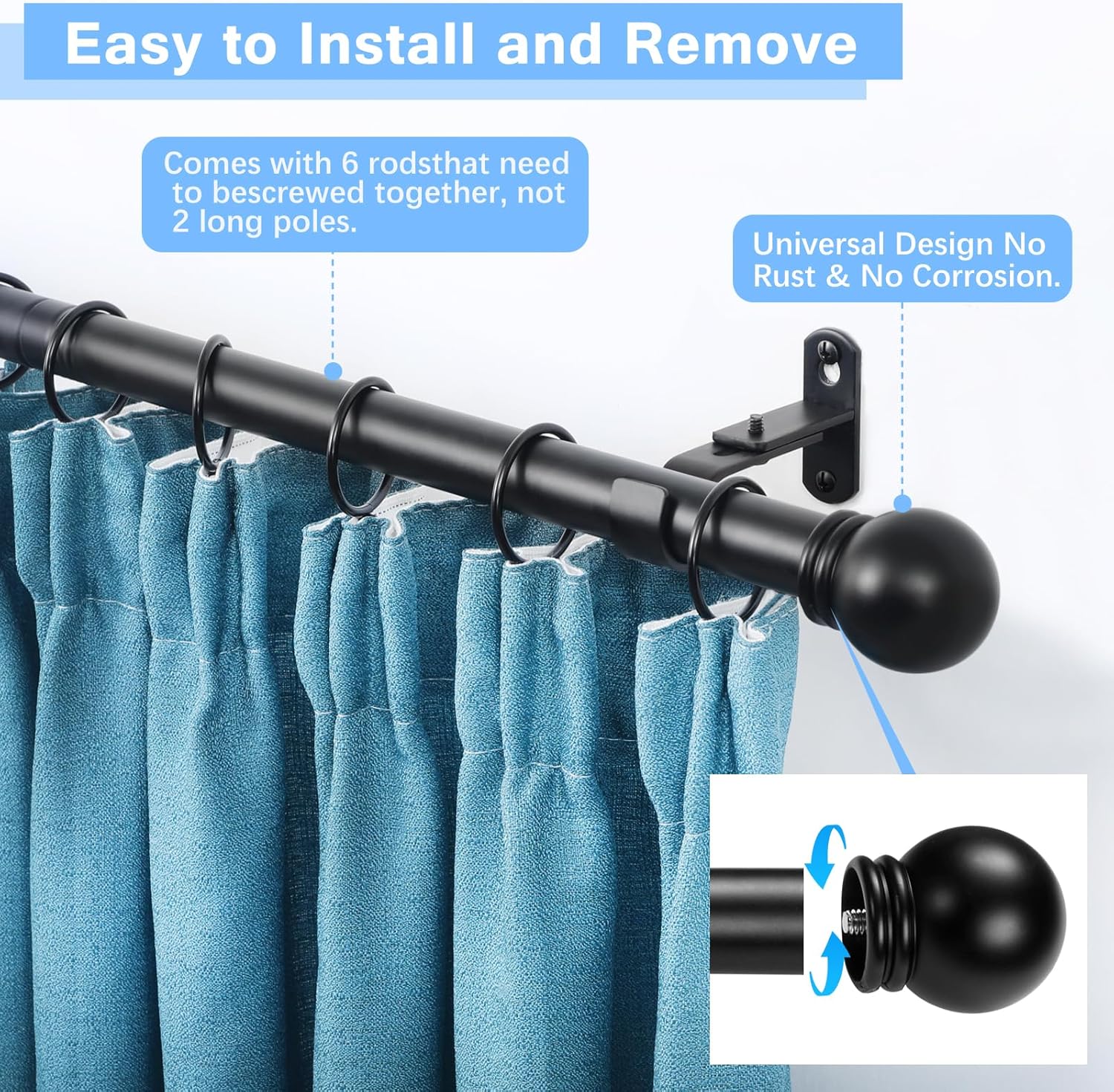 Skiennix Adjustable Curtain Rods - 16 to 92 Inches | Max Length 104 Inches, 1" Diameter, Black, Single Pack