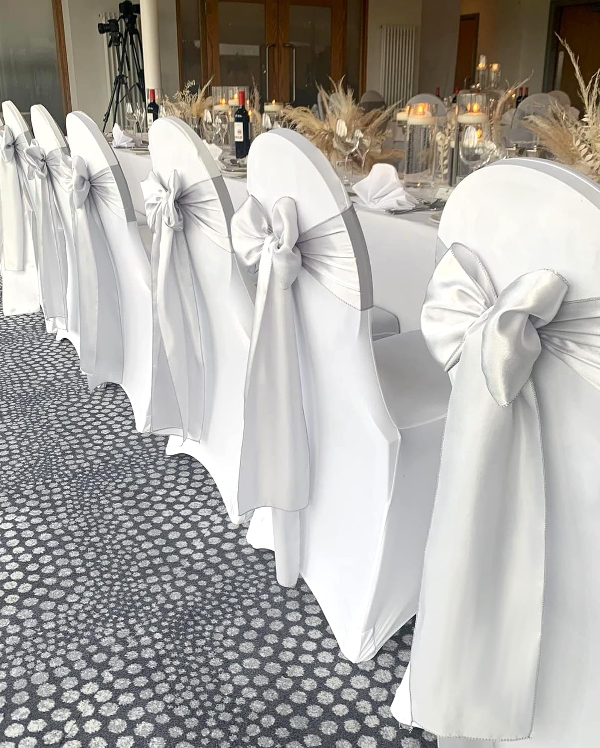 Showgeous Silver Satin Chair Sashes - 60 PCS Elegant Bows for Wedding & Event Decor | 7 x 108 Inch