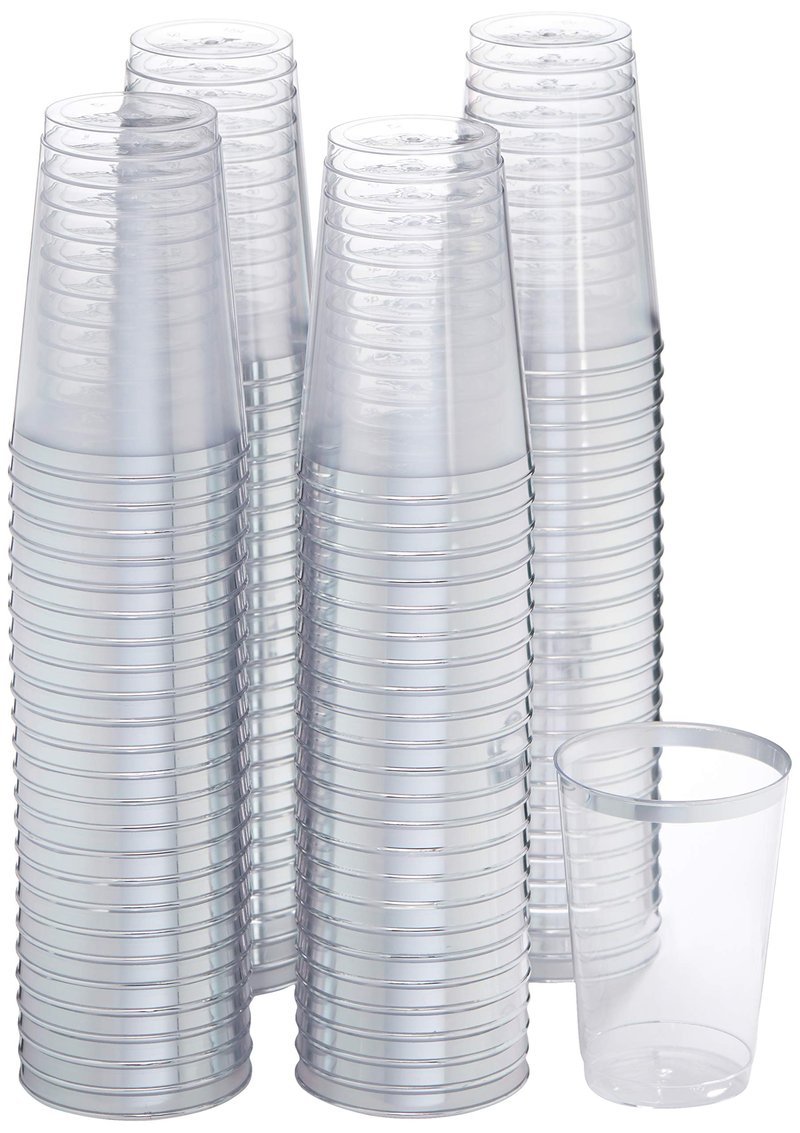 Oojami 12oz Hard Plastic Party Cups – Perfect for Home, Office, Bars, Weddings, Showers, Birthdays, Anniversaries, and Parties! Durable & Stylish Old Fashioned Tumblers (Silver Rim, 100 Pack)