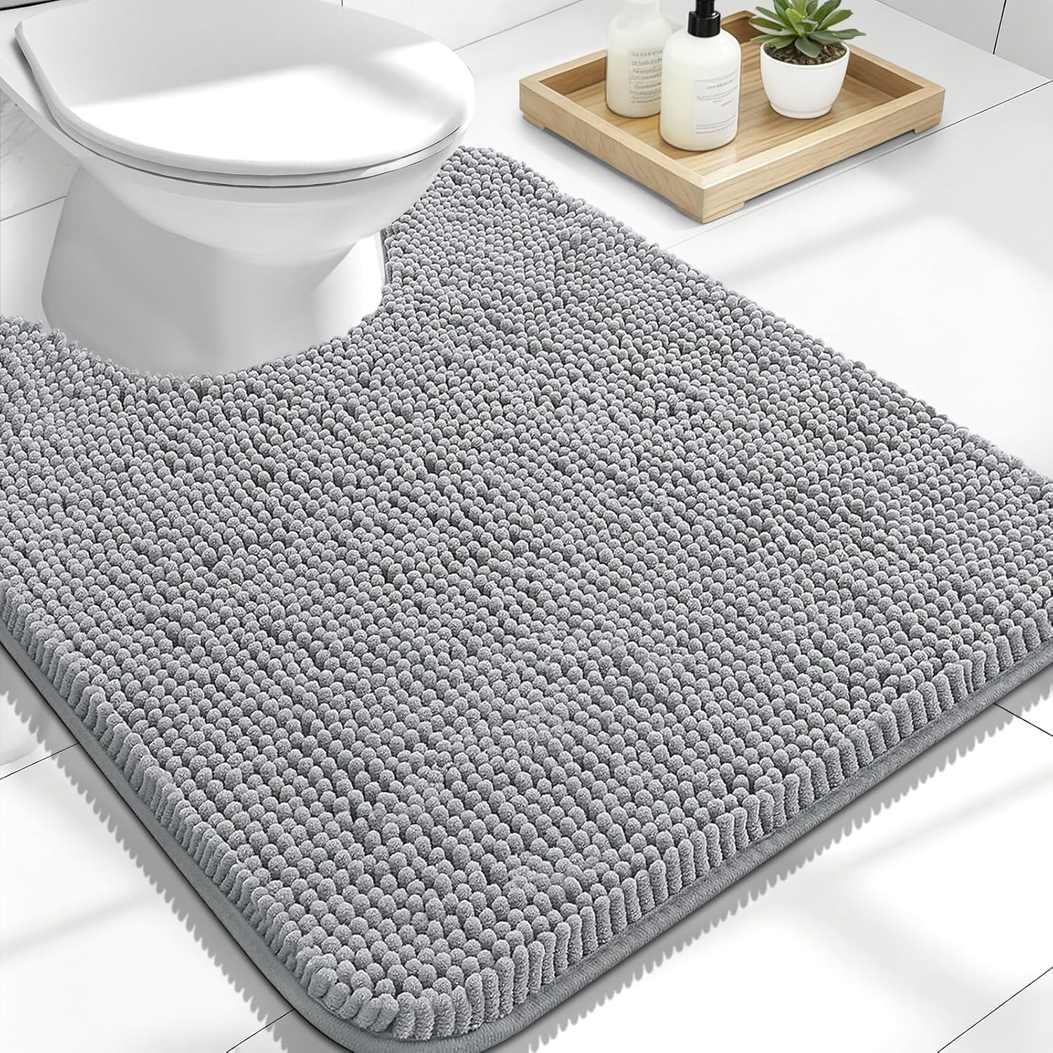 OLANLY U-Shaped Toilet Rug - Extra Soft Chenille Bath Mat, Quick-Dry & Non-Slip | 24x20, Light Grey