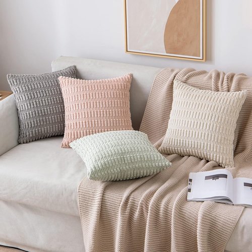 MIULEE Corduroy Decorative Throw Pillow Covers - Soft Boho Striped Design | 12x12 Inch Cream White Set of 2
