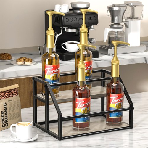 Homedawn Coffee Syrup Rack Organizer, Syrup Bottle Holder Stand for Coffee Bar, 2-Tier 8 Bottles Storage Shelves for Syrup, Wine, Dressing for Kitchen Countertop, Greige