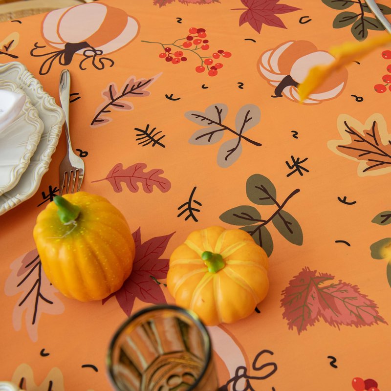 LOSIVISHE Thanksgiving Waterproof Tablecloth – Fall Harvest Pumpkins, Maple Leaves & Berries Print – Autumn Rectangle Table Cover for Dining or Party, Brown, W60 x L120 in