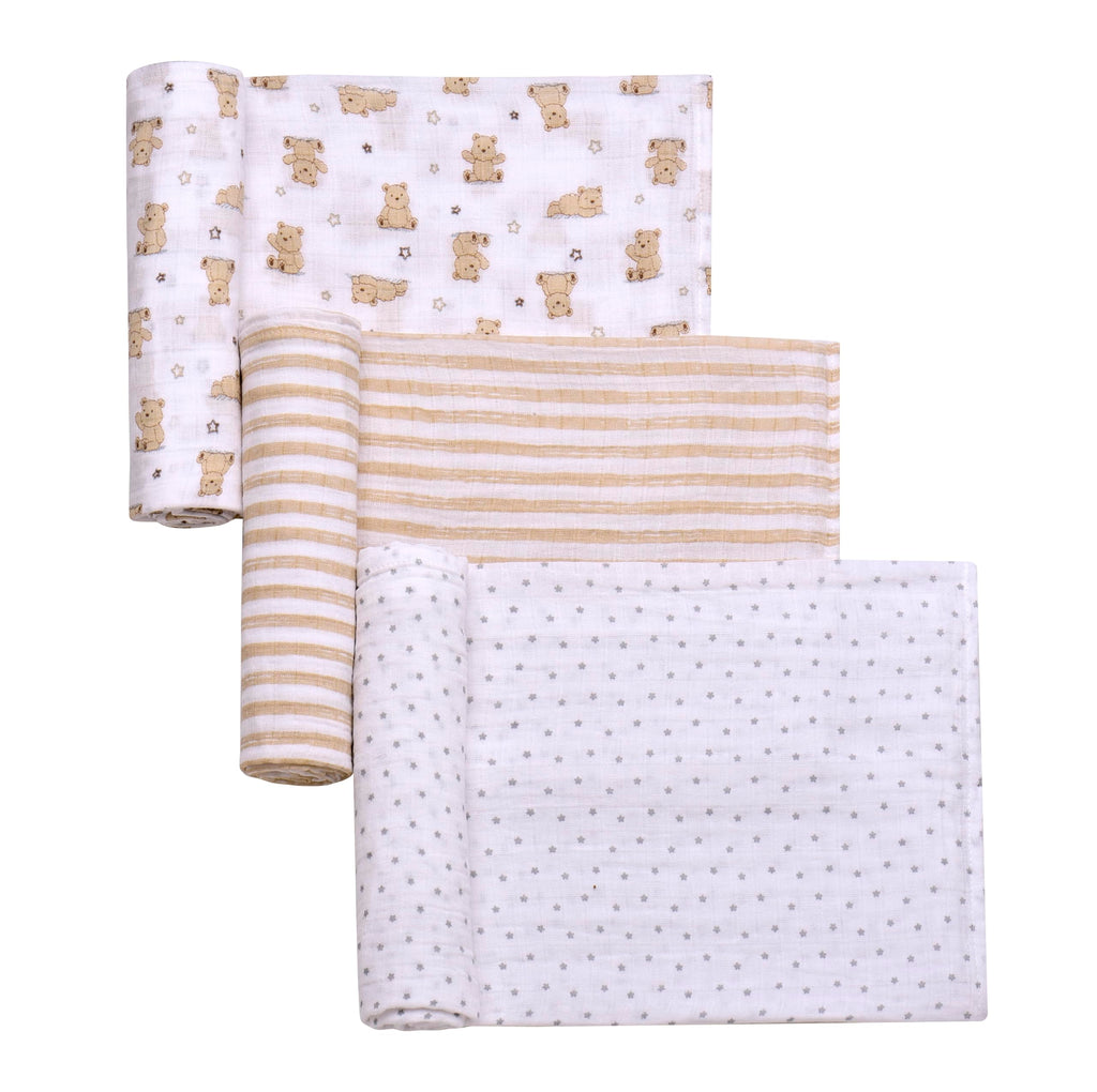 3 Pack Cotton Muslin Swaddle Blankets for Baby, 40" x 36", Lightweight, Breathable, Tan, (Little Me Bingle Bear)