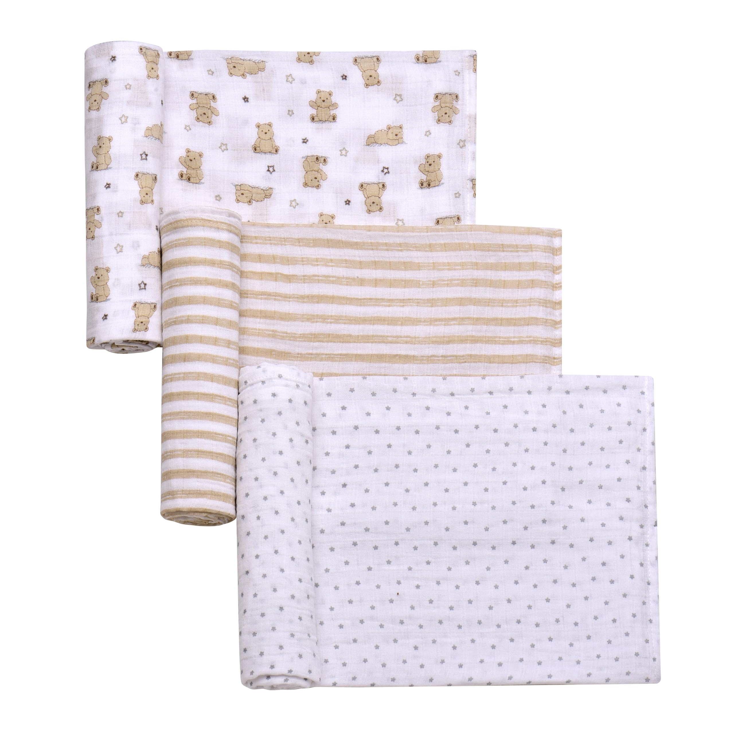 3 Pack Cotton Muslin Swaddle Blankets for Baby, 40" x 36", Lightweight, Breathable, Tan, (Little Me Bingle Bear)