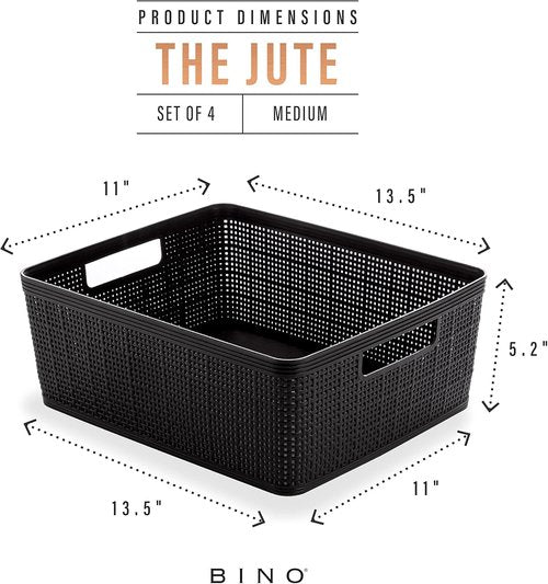 BINO Woven Plastic Basket - Medium Black, 4-Pack | Stylish Home Organization & Space-Saving Storage