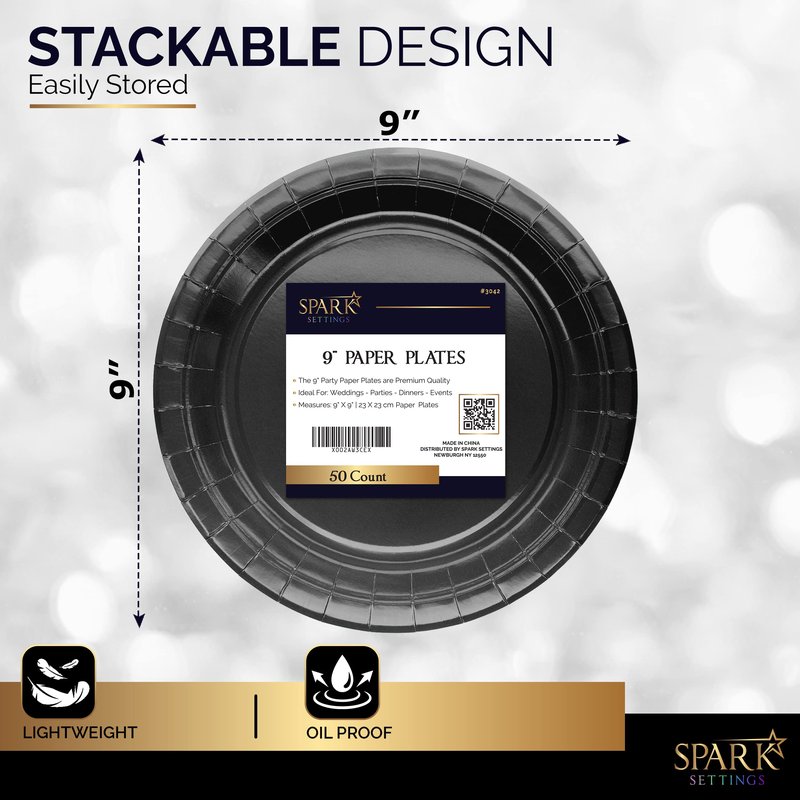 Amcrate Paper Dinner Plates Black, 8 1/2 Inches Paper Plates Disposable, Strong and Sturdy Disposable Plates for Party, Dinner, Holiday, Picnic, or Travel Party Plates, Pack of 50