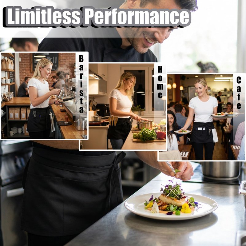 TOSHE Waist Apron with 3 Pockets Waterdrop Resistant Premium Cotton Waitress Apron 10 Color Option Server Apron Chef Apron (3 Pack - Black)