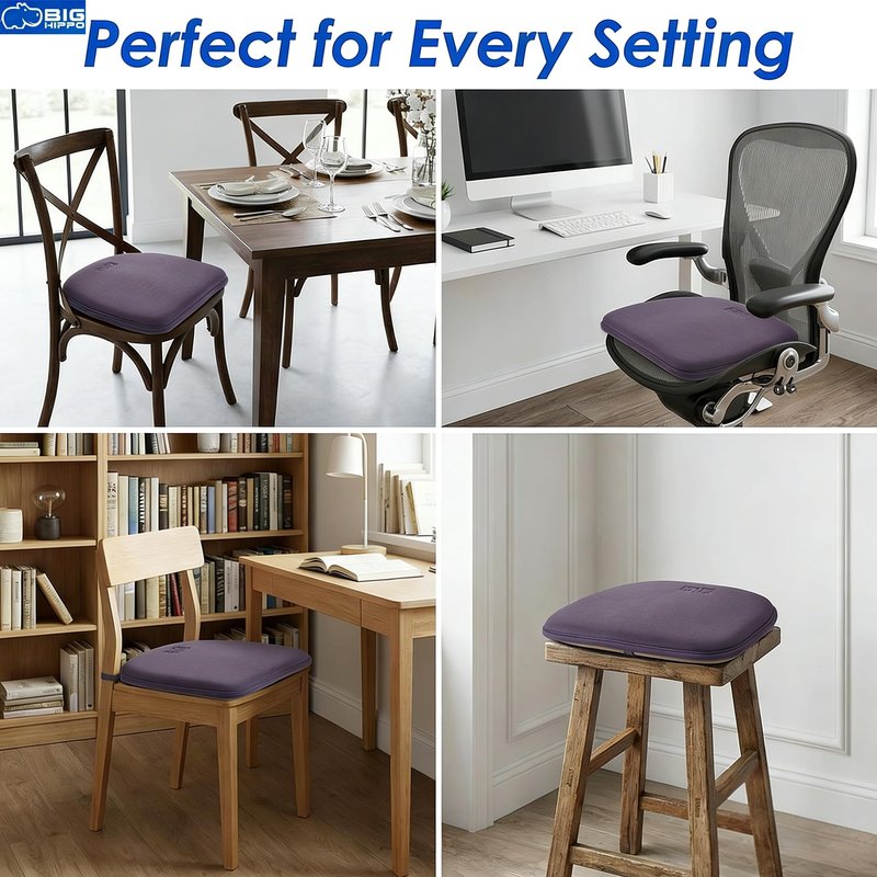 Big Hippo Memory Foam Chair Cushion for Dining & Office Chairs – Extra Thick Seat Pad with Non-Slip Back & Adjustable Straps, Fully Washable, Pressure Relief for Tailbone & Sciatica Pain (Grey, 1 Pc)