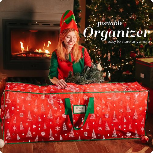 Christmas Tree Storage Bag - Durable Waterproof Zippered Bag for 7.5 Foot Artificial Trees | Red Printed Design