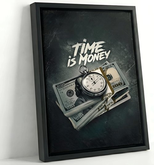 Framed Time Is Money Canvas Wall Art - Motivational Office Decor | Inspirational Quotes for Home & Bar