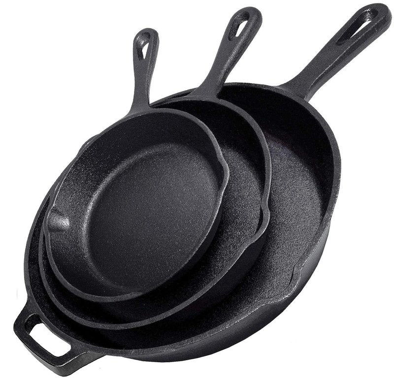 Simple Chef Cast Iron Skillet 3-Piece Set - 12", 10", 8" Heavy Duty Pans - Professional Restaurant Chef Quality Pre-Seasoned Pan Cookware Set
