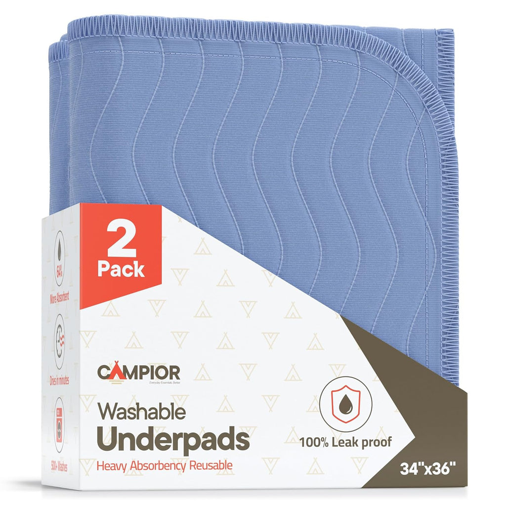 Regine Switzerland Washable Underpads - Large 34"x36" Reusable Waterproof Bed Pads for Adults | Extra Heavy Absorbency, Soft Blue (Pack of 2)