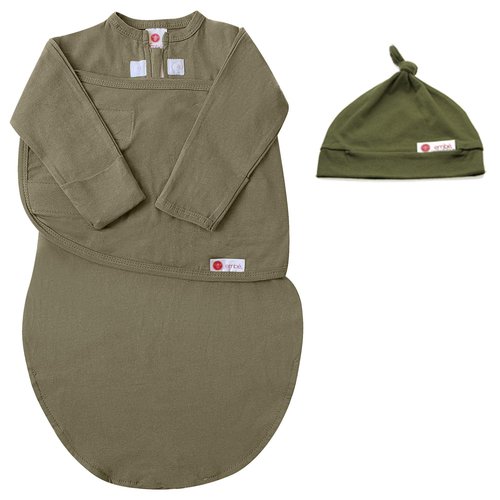 embe Long Sleeve Swaddle Blanket Sack & Beanie Hat for Babies 0-3 Months - Moss, 6-14 lbs | Arm and Legs in & Out Design | Hip Healthy