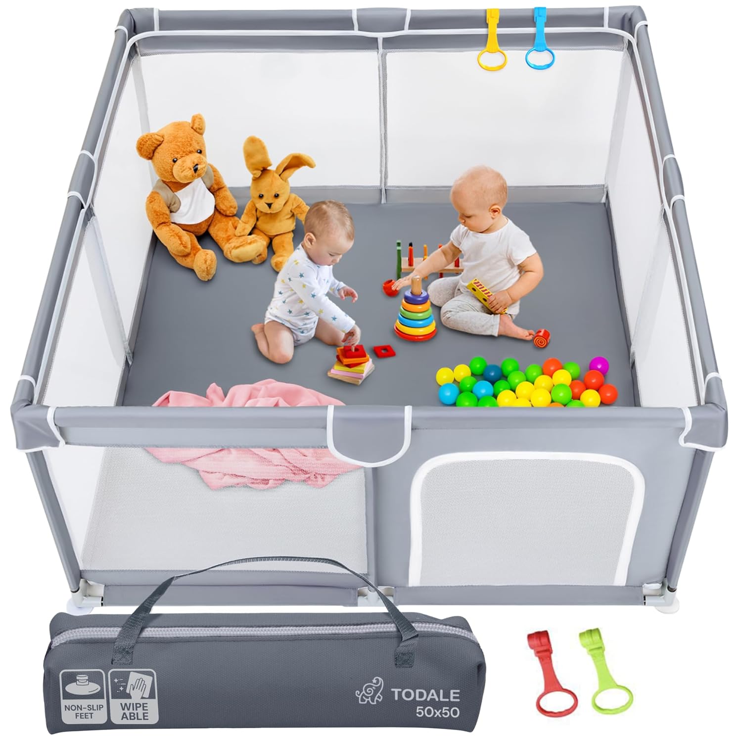 Todale Baby Playpen - Grey Foldable Playpen for Infants & Toddlers | Easy Setup & Ventilated Design - 50 x 50 x 27 in