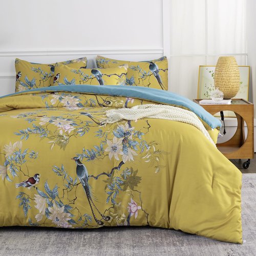 TISPLR King Comforter Set Flowers 3 Pieces Soft 3D Bedding Comforter Set Tree Branches Flowers Birds Print Botanical Comforter Set for All Seasons 1 Comforter and 2 Pillowcases (Birds, King)
