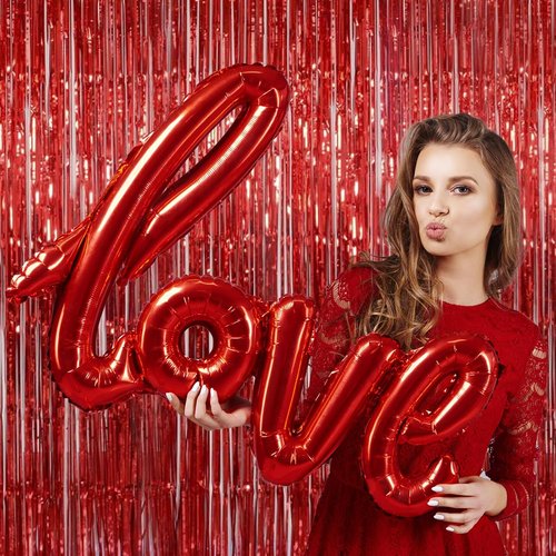 Melsan Red Tinsel Fringe Backdrop - 3.2 x 8 Ft Metallic Foil Curtains for Parties & Photo Booths | 2 Packs