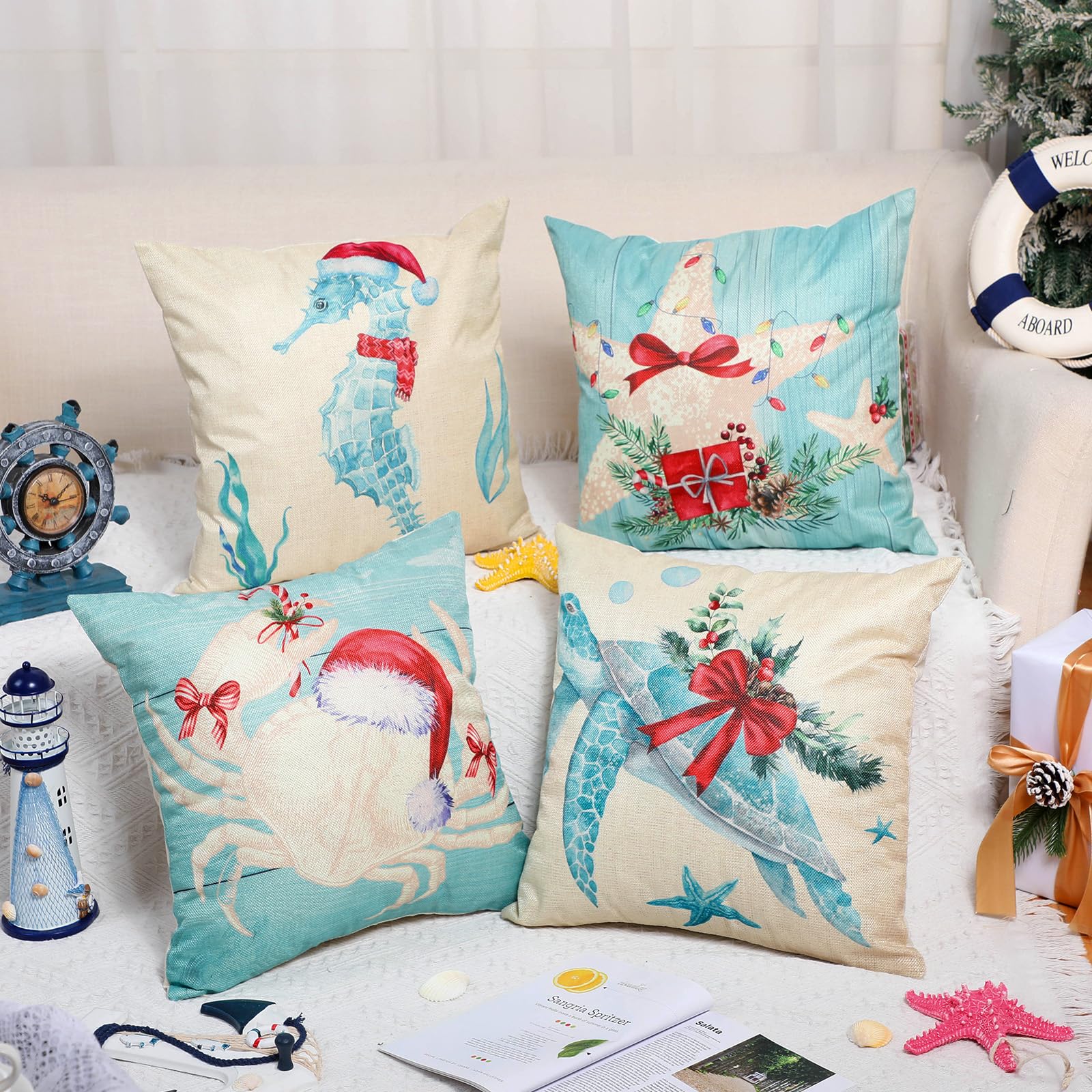 HunnmingRe 4 Pcs Christmas Sealife Coastal Pillow Covers Coastal Christmas Decoration Linen Throw Pillow Covers Sea Ocean Nautical Decorative Pillowcase for Couch Outdoor Sofa Living Room(18 Inch)