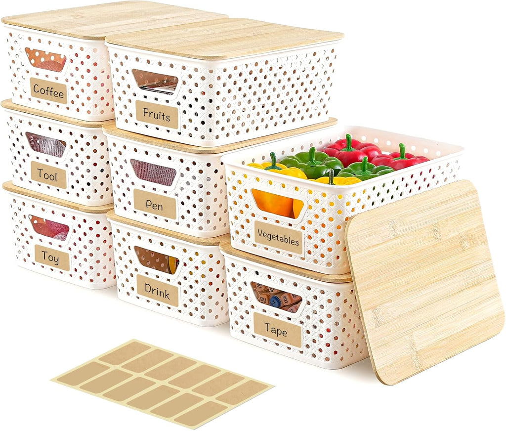Skiennix 8-Pack Plastic Storage Bins - Stackable Baskets with Bamboo Lids for Pantry Organization