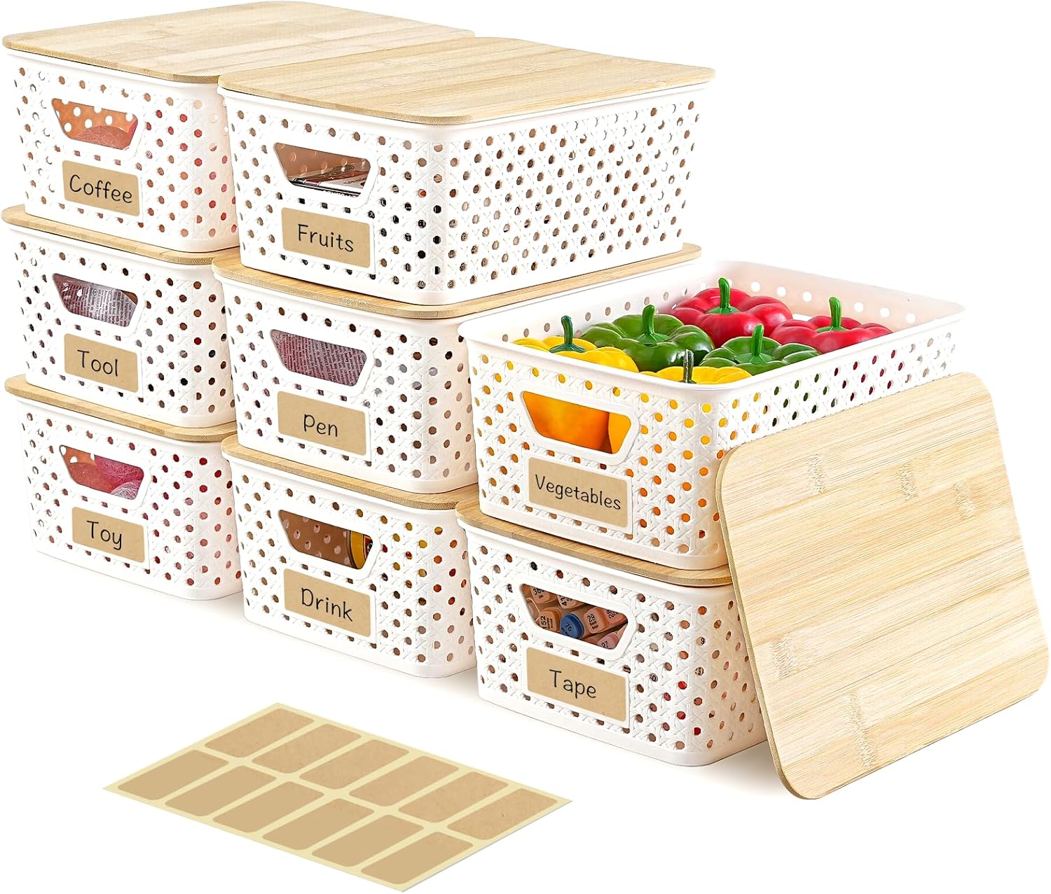 Skiennix 8-Pack Plastic Storage Bins - Stackable Baskets with Bamboo Lids for Pantry Organization