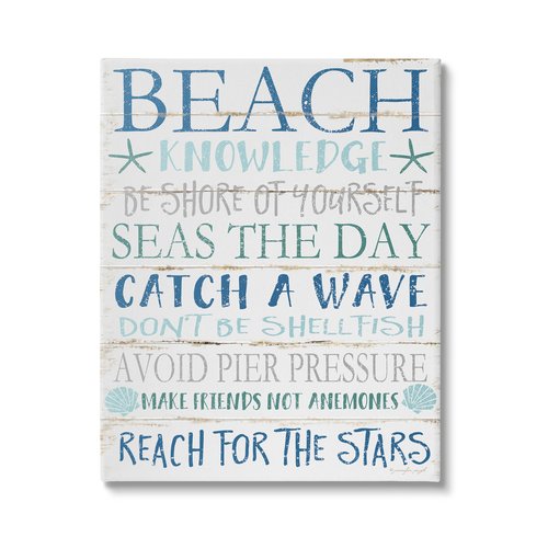Stupell Industries Beach Knowledge Blue Aqua and White Planked Look Sign, Designed by Jennifer Pugh, 30 x 40, Canvas Wall Art