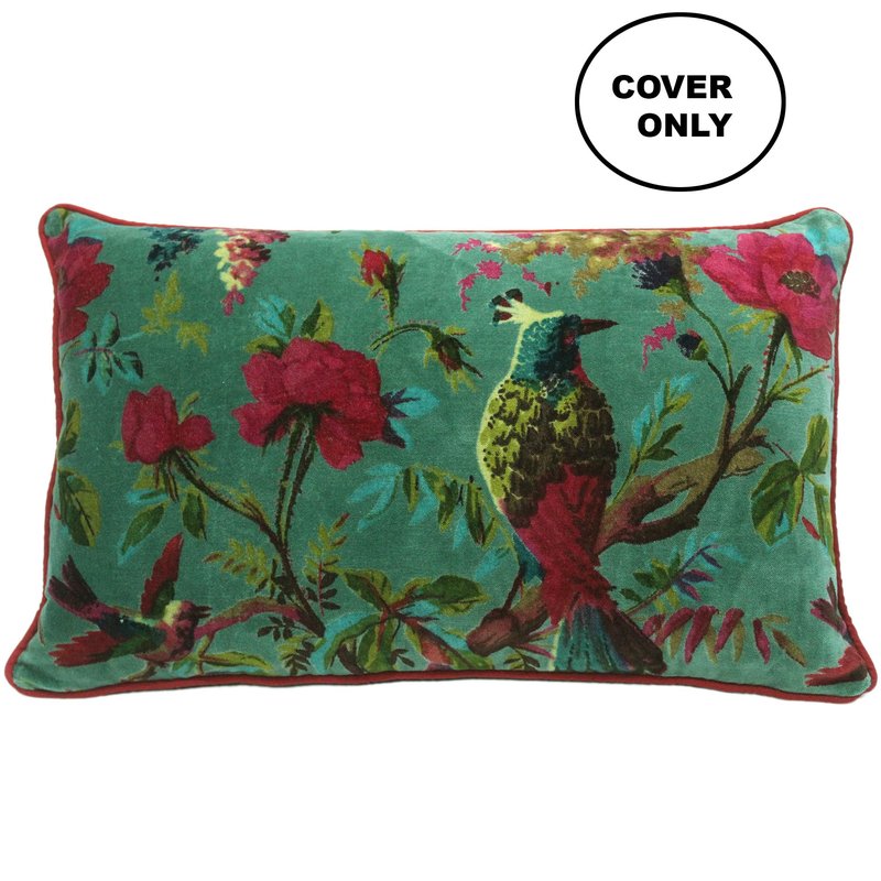 Eyes of India Velvet Floral Flower Bird Throw Pillow Sofa Cushion Cover Case Couch Colorful Boho Chic Bohemian Accent Indian Handmade (Green, 20" x 12")