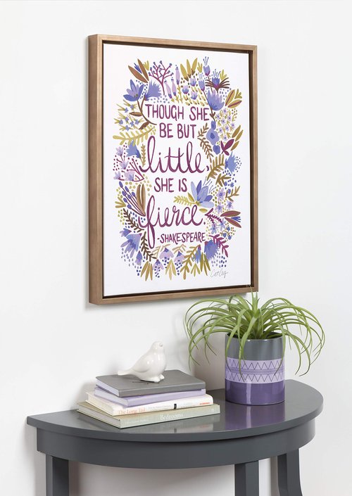 Kate and Laurel Sylvie Though She Be But Little She is Fierce Quote Word Art with Florals Framed Canvas Wall Art by Cat Coquillette, 18x24 Gold