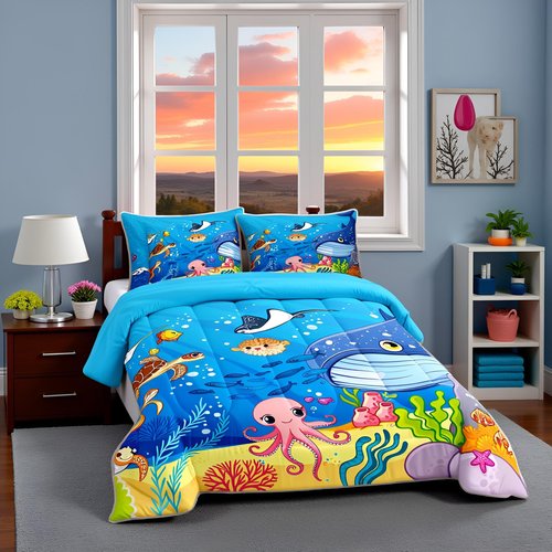 Marine Animals Comforter Set Full,Shark Octopus Turtle Coral Bedding Set,Underwater World Cartoon Quilt Set 3 Pcs for Kids Teens Adults Room Decor,Sea Blue Duvet Insert with 2 Pillowcases